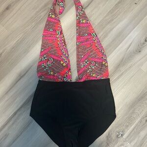 Vibrant Pink and Black Halter Swimsuit